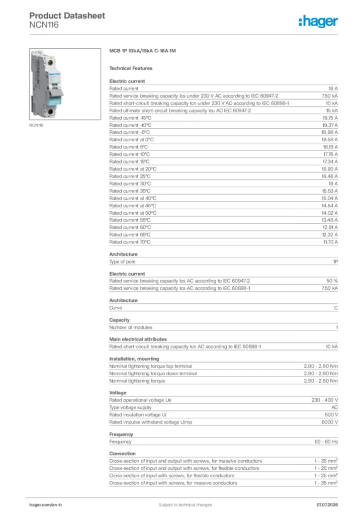 Image Hager Product data sheet NCN116  | Hager