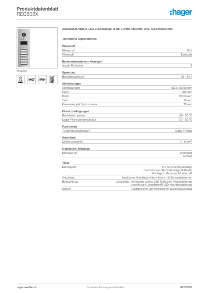 Bild Hager Produktdatenblatt REQ608X | Hager Schweiz