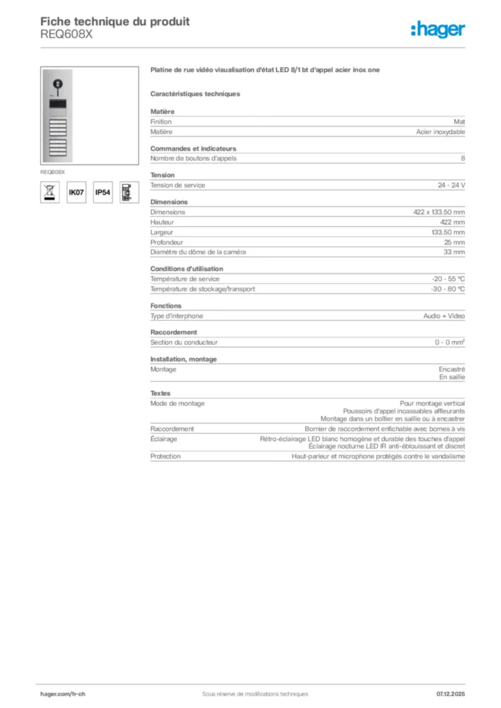 Image Hager Fiche technique du produit REQ608X | Hager Suisse