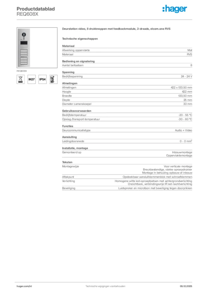 Afbeelding Hager Productdatablad REQ608X | Hager Nederland