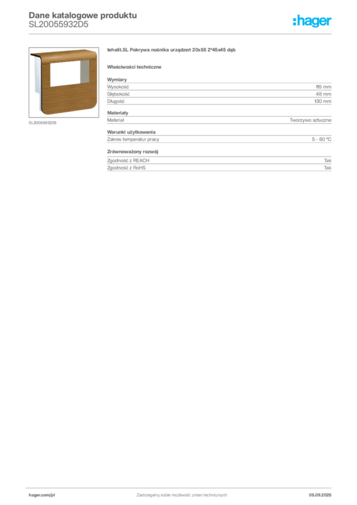Zdjęcie Hager Dane katalogowe produktu SL20055932D5 | Hager Polska