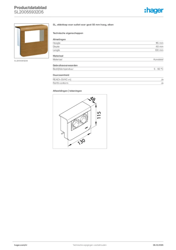 Afbeelding Hager Productdatablad SL20055932D5 | Hager Nederland