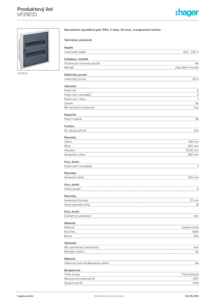Obrázek Hager Produktový list VF218TD | Hager