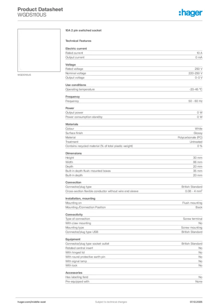 Image Hager Product data sheet WGDS110US  | Hager