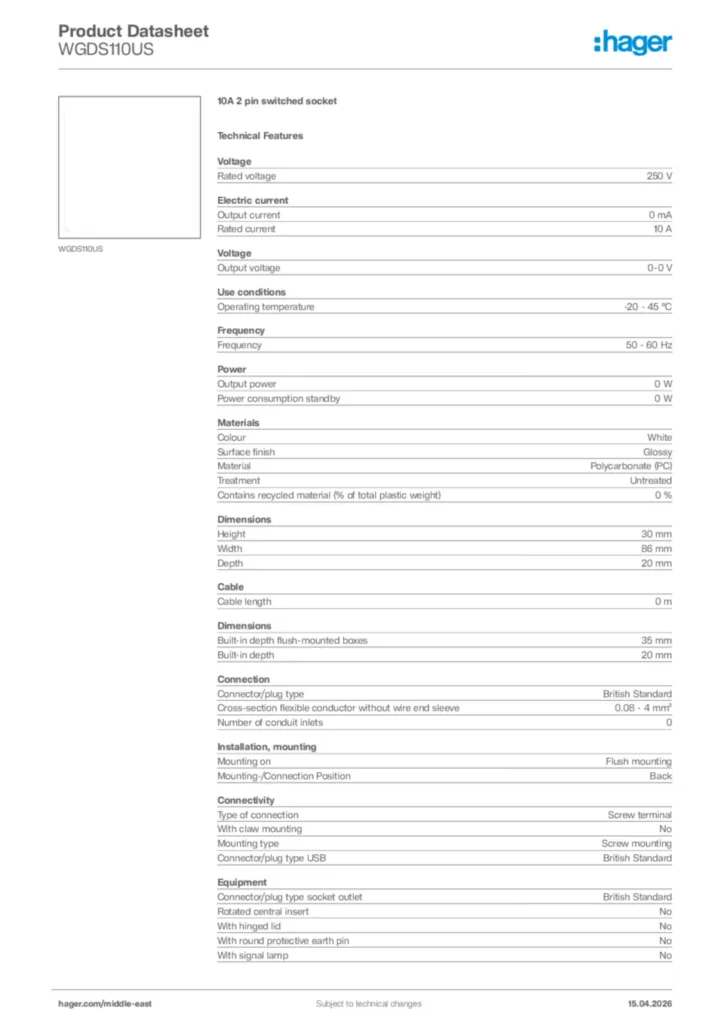 Image Hager Product data sheet WGDS110US  | Hager
