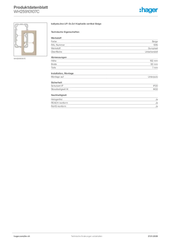 Bild Hager Produktdatenblatt WH25910107C | Hager Schweiz