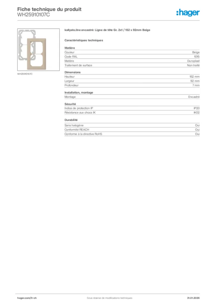 Image Hager Fiche technique du produit WH25910107C | Hager Suisse