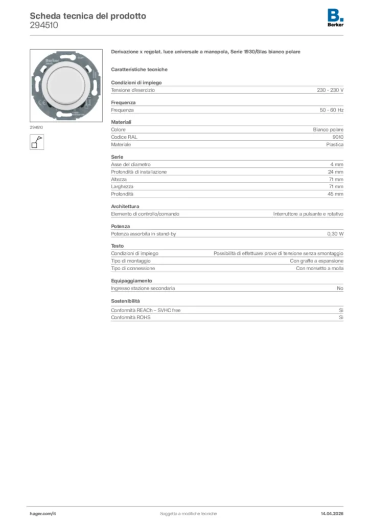 Immagine Berker Scheda tecnica del prodotto 294510 | Hager Italia