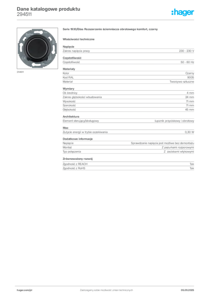 Zdjęcie Hager Dane katalogowe produktu 294511 | Hager Polska