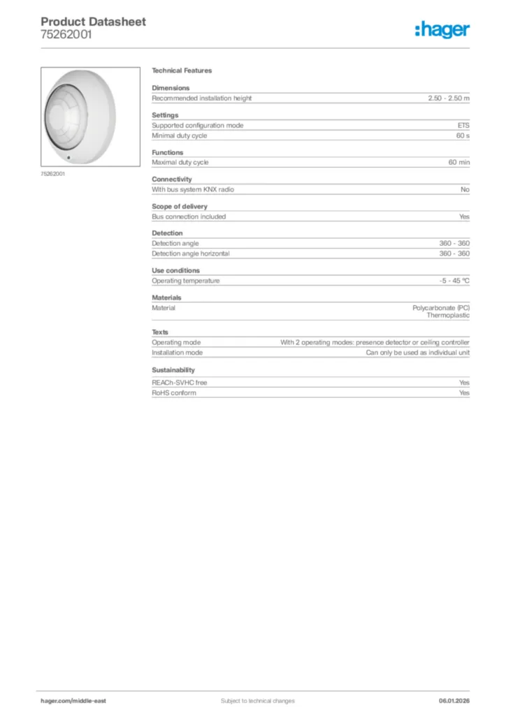 Image Hager Product data sheet 75262001  | Hager