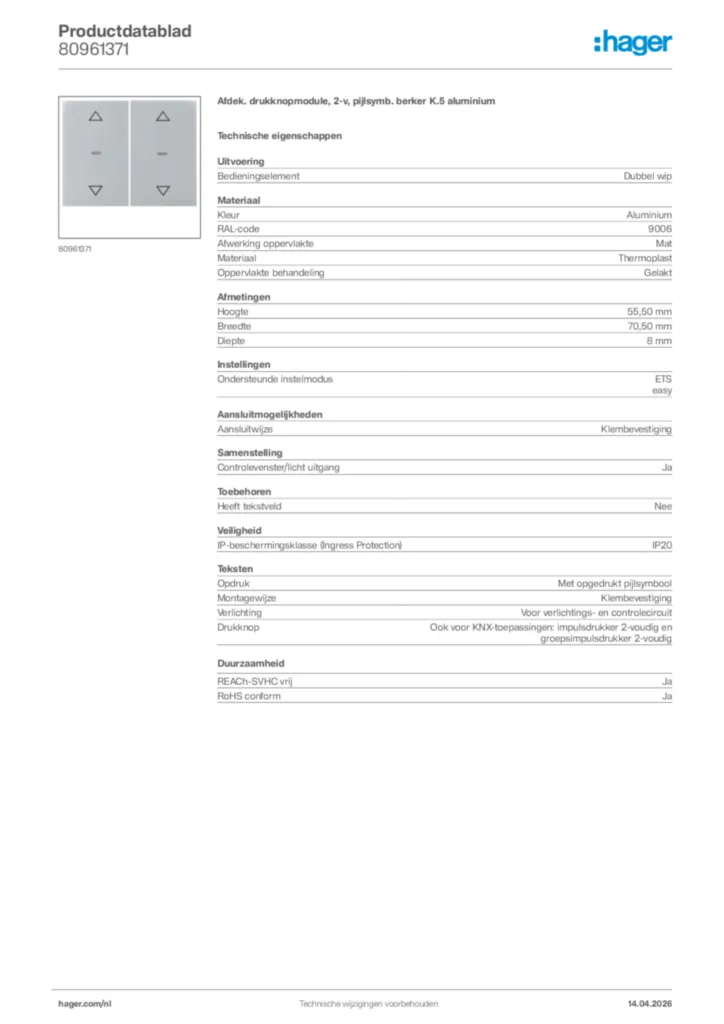 Afbeelding Hager Productdatablad 80961371 | Hager Nederland