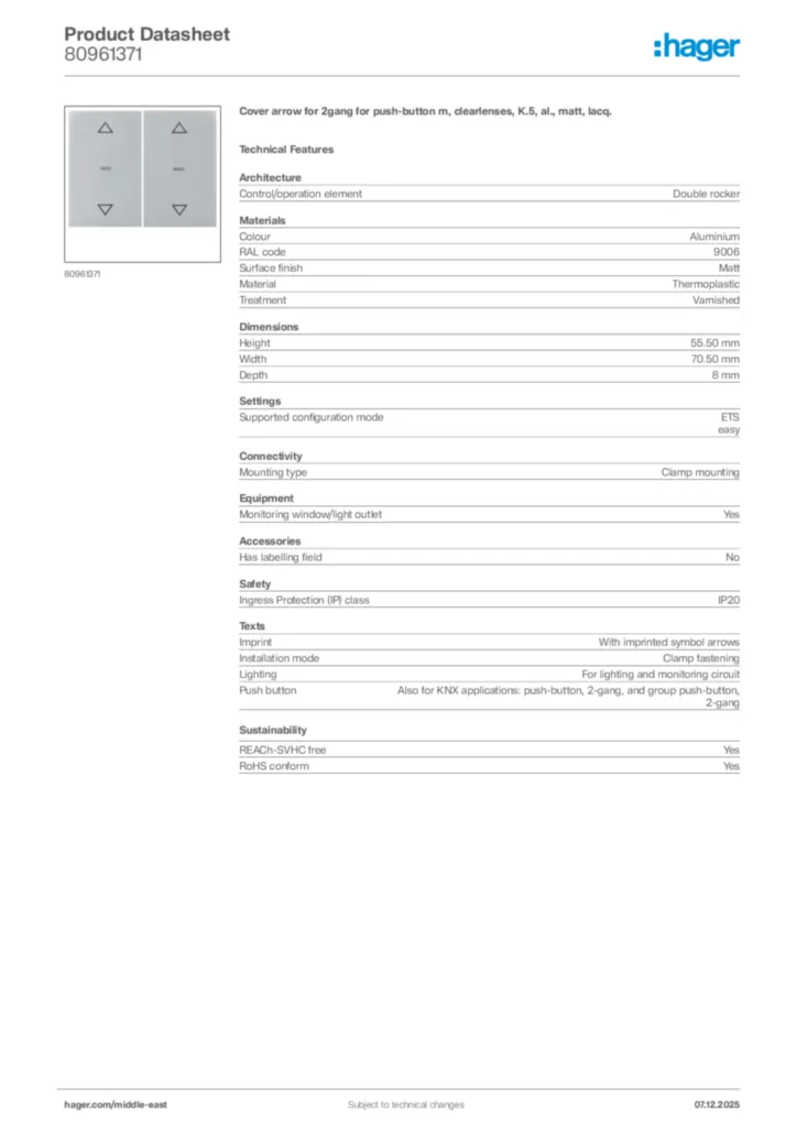 Image Hager Product data sheet 80961371  | Hager