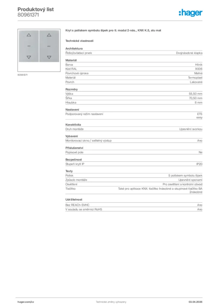 Obrázek Hager Product data sheet 80961371 | Hager