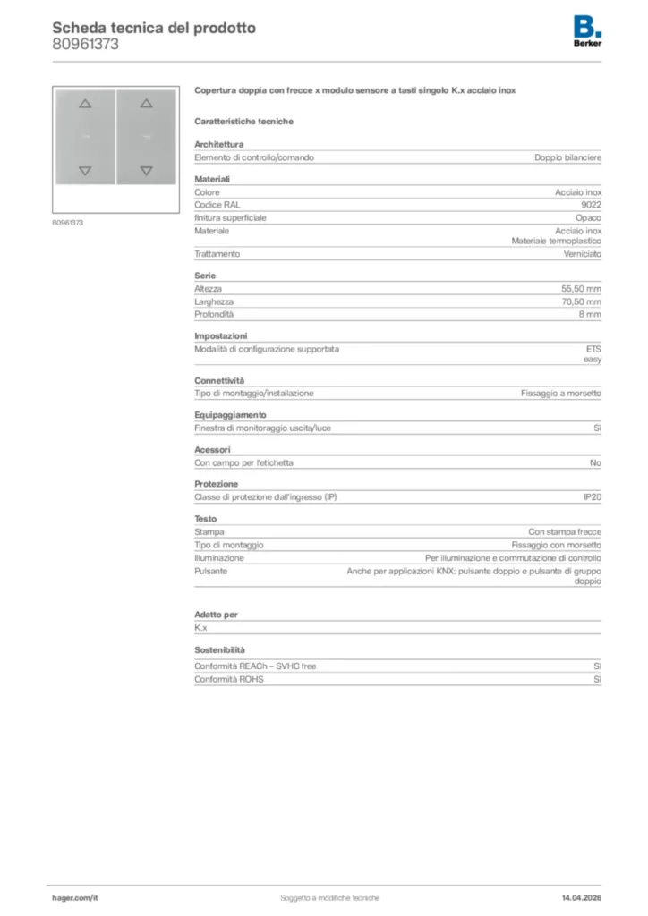 Immagine Berker Scheda tecnica del prodotto 80961373 | Hager Italia