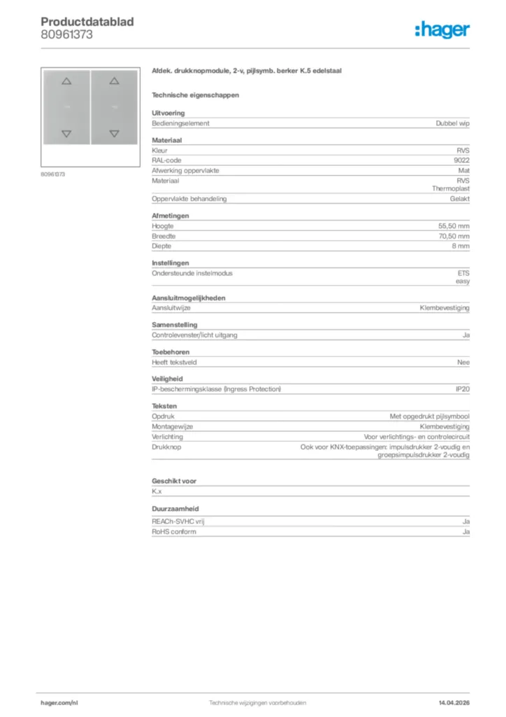 Afbeelding Hager Productdatablad 80961373 | Hager Nederland