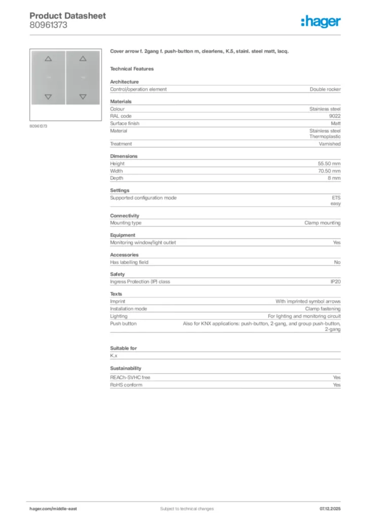 Image Hager Product data sheet 80961373  | Hager