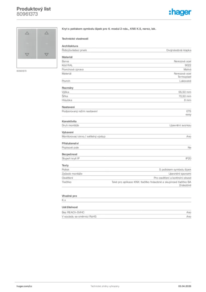Obrázek Hager Product data sheet 80961373 | Hager