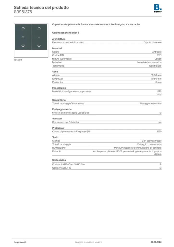 Immagine Berker Scheda tecnica del prodotto 80961375 | Hager Italia