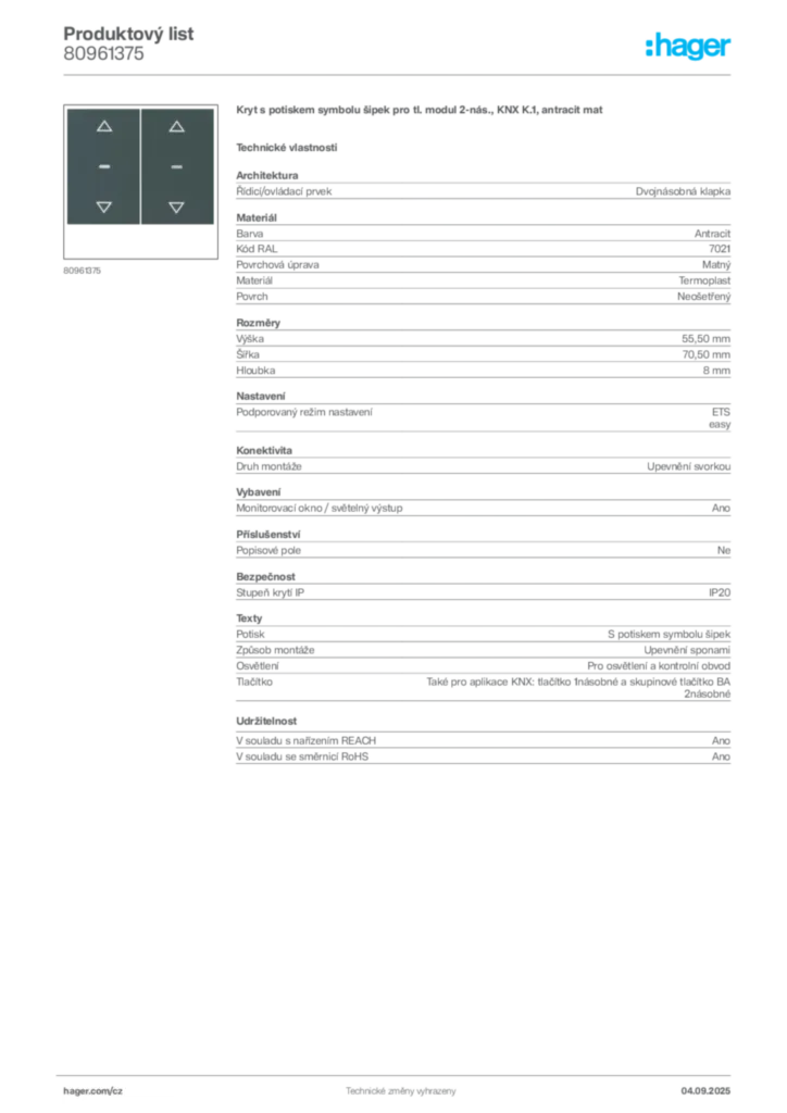 Obrázek Hager Produktový list 80961375 | Hager