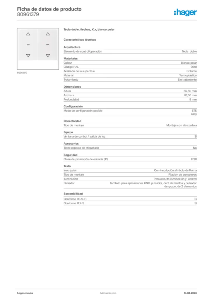 Imagen Hager Ficha de datos de producto 80961379 | Hager España