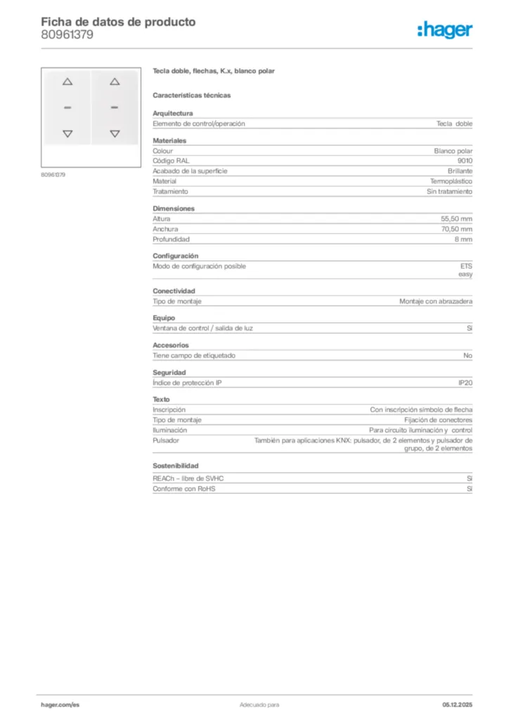 Imagen Hager Ficha de datos de producto 80961379 | Hager España