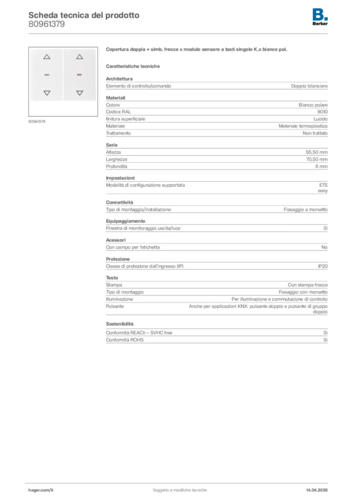 Immagine Berker Scheda tecnica del prodotto 80961379 | Hager Italia