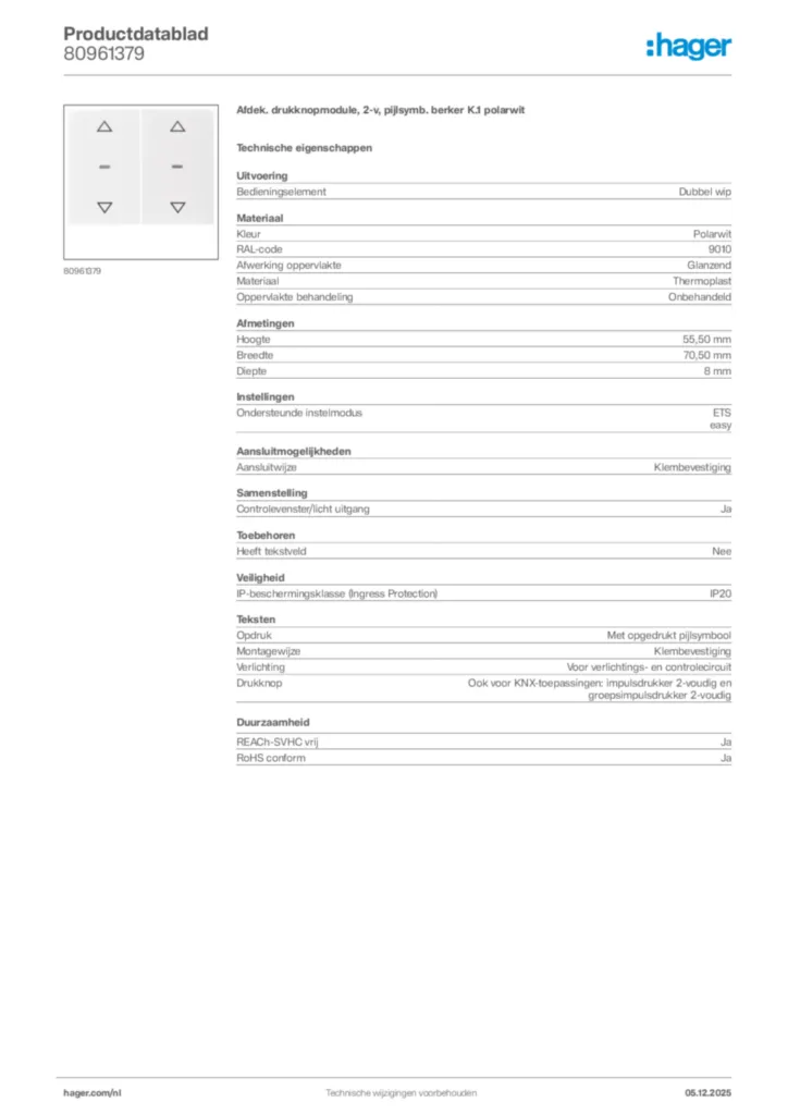 Afbeelding Hager Productdatablad 80961379 | Hager Nederland