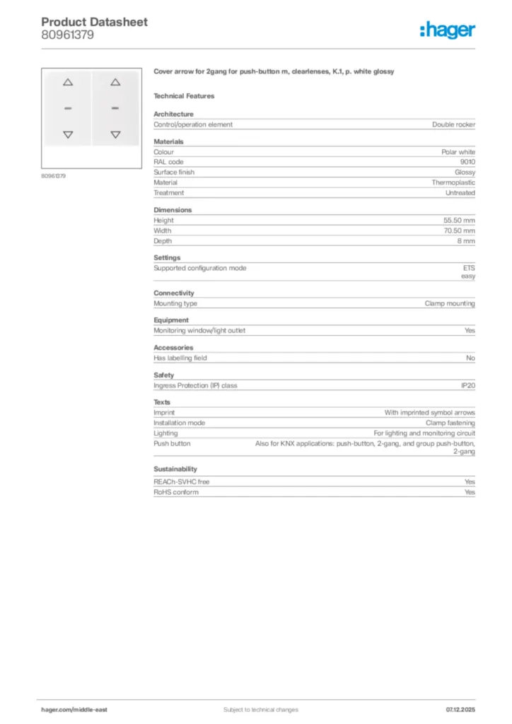 Image Hager Product data sheet 80961379  | Hager