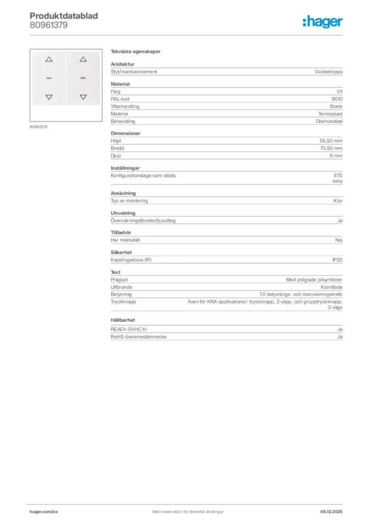 Bild Hager Produktdatablad 80961379 | Hager Sverige