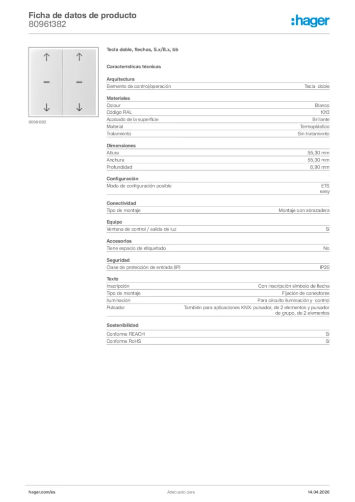 Imagen Hager Ficha de datos de producto 80961382 | Hager España