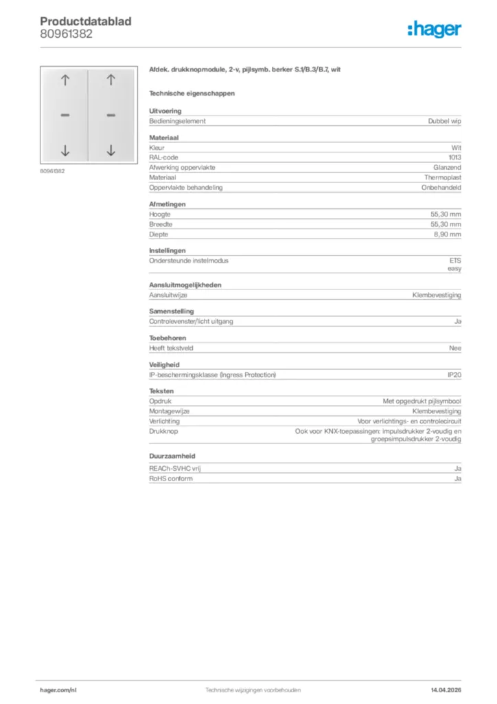 Afbeelding Hager Productdatablad 80961382 | Hager Nederland