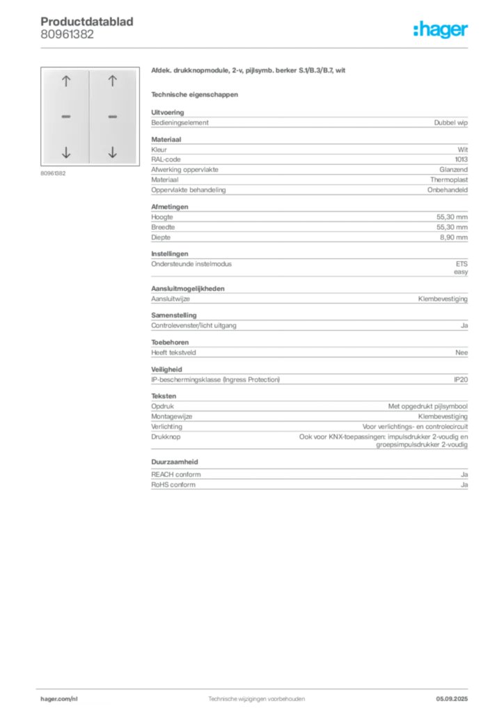 Afbeelding Hager Productdatablad 80961382 | Hager Nederland
