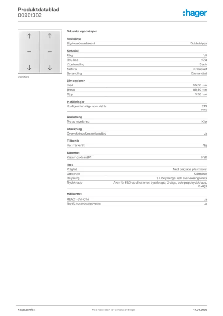 Bild Hager Produktdatablad 80961382 | Hager Sverige