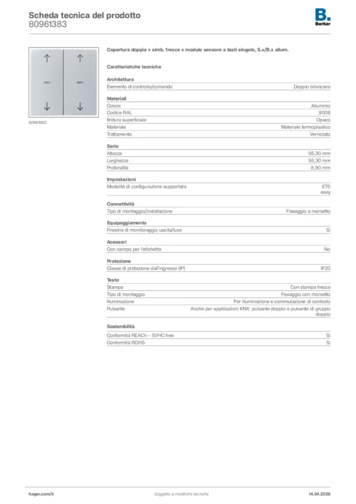 Immagine Berker Scheda tecnica del prodotto 80961383 | Hager Italia