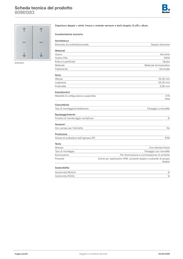 Immagine Berker Scheda tecnica del prodotto 80961383 | Hager Italia