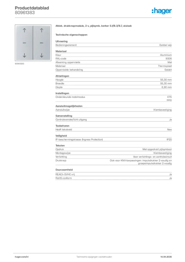 Afbeelding Hager Productdatablad 80961383 | Hager Nederland