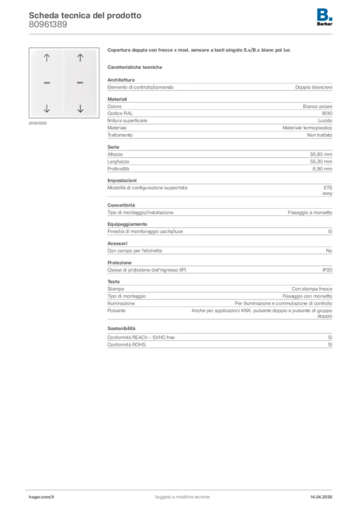 Immagine Berker Scheda tecnica del prodotto 80961389 | Hager Italia
