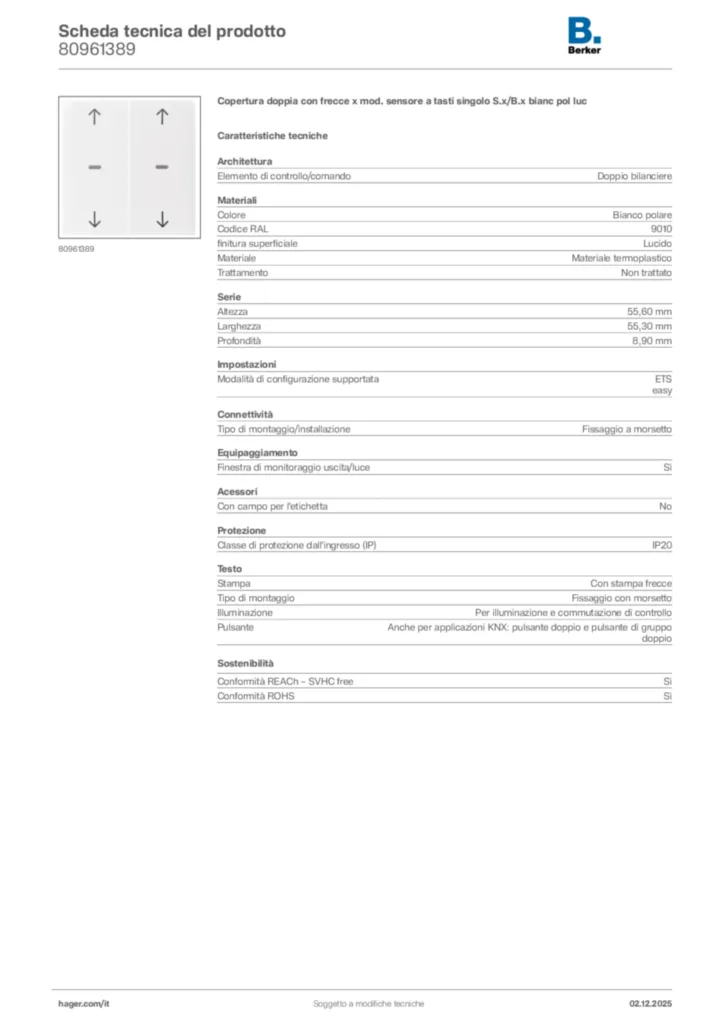 Immagine Berker Scheda tecnica del prodotto 80961389 | Hager Italia