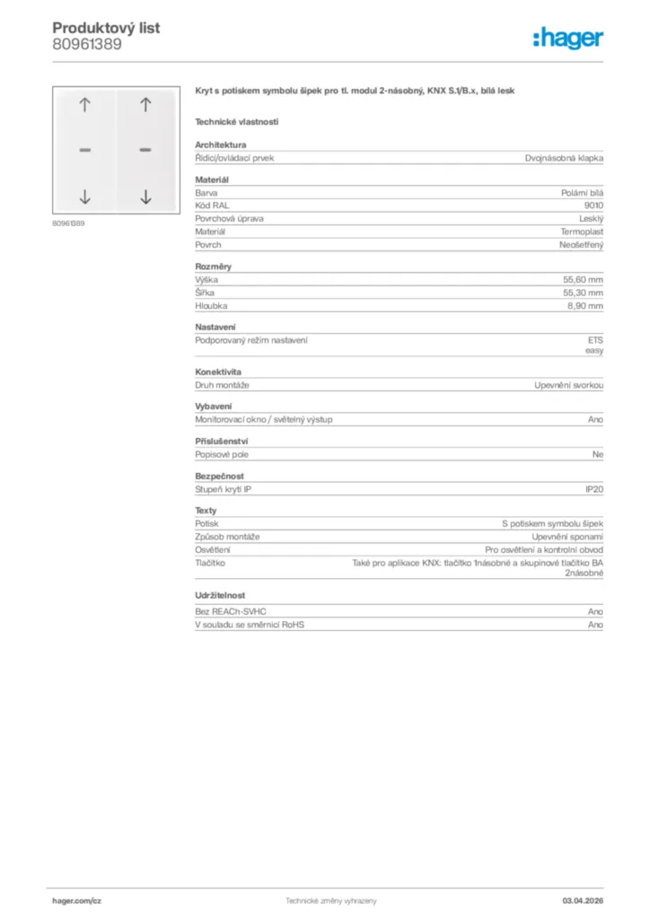 Obrázek Hager Product data sheet 80961389 | Hager