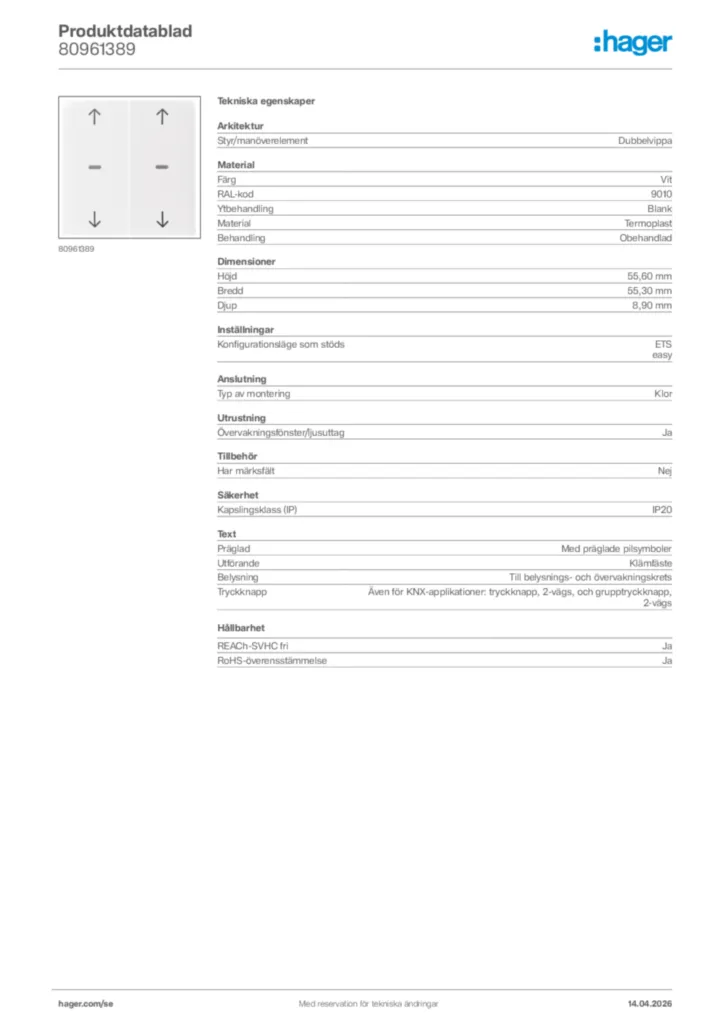 Bild Hager Produktdatablad 80961389 | Hager Sverige