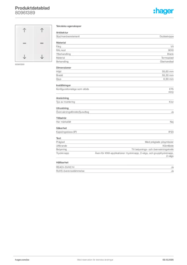 Bild Hager Produktdatablad 80961389 | Hager Sverige