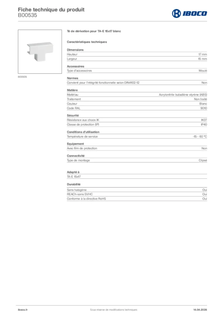 Image Iboco Fiche technique du produit B00535 | Hager France