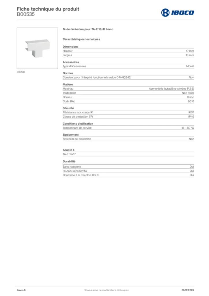 Image Iboco Fiche technique du produit B00535 | Hager France