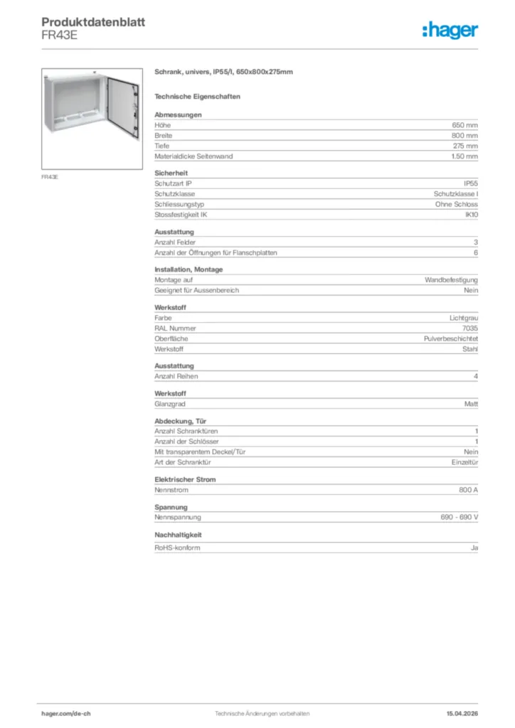 Bild Hager Produktdatenblatt FR43E | Hager Schweiz