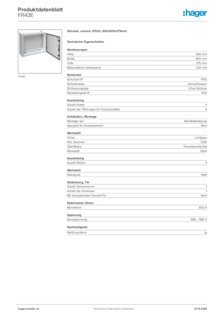 Bild Hager Produktdatenblatt FR43E | Hager Schweiz
