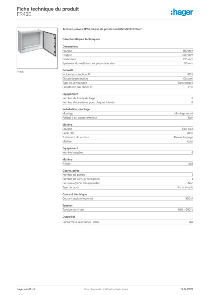 Image Hager Fiche technique du produit FR43E | Hager Suisse