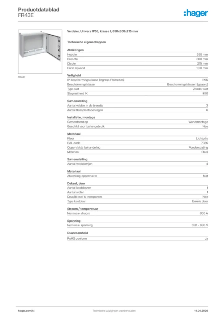 Afbeelding Hager Productdatablad FR43E | Hager Nederland