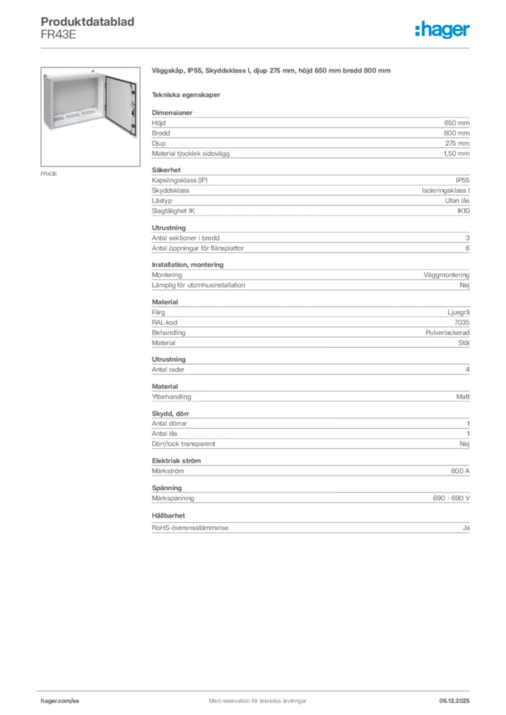 Bild Hager Produktdatablad FR43E | Hager Sverige
