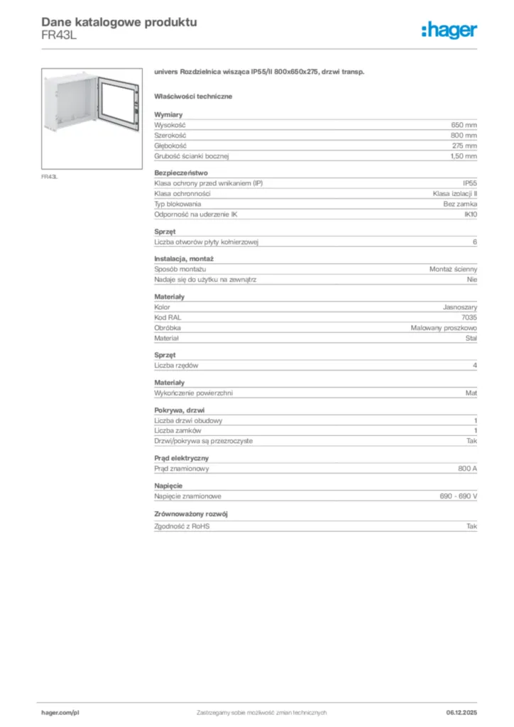 Zdjęcie Hager Karta katalogowa FR43L | Hager Polska