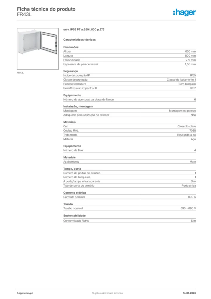 Imagem Hager Ficha técnica do produto FR43L | Hager Portugal